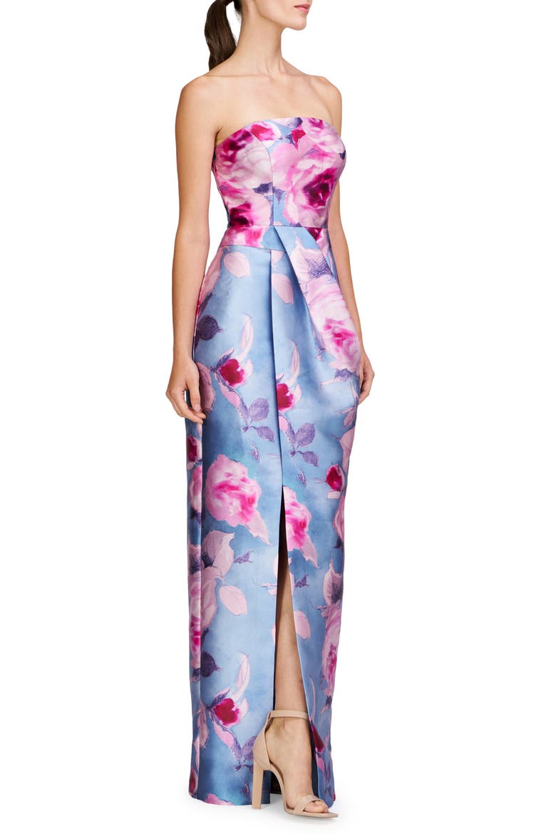Lucienne Floral Strapless Column Gown, Alternate, color, PEARL BLUE MULTI
