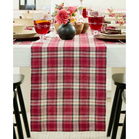 Linen Table Runner for Dining Table, Holiday and Everyday Table Decor - Burgundy Plaid
