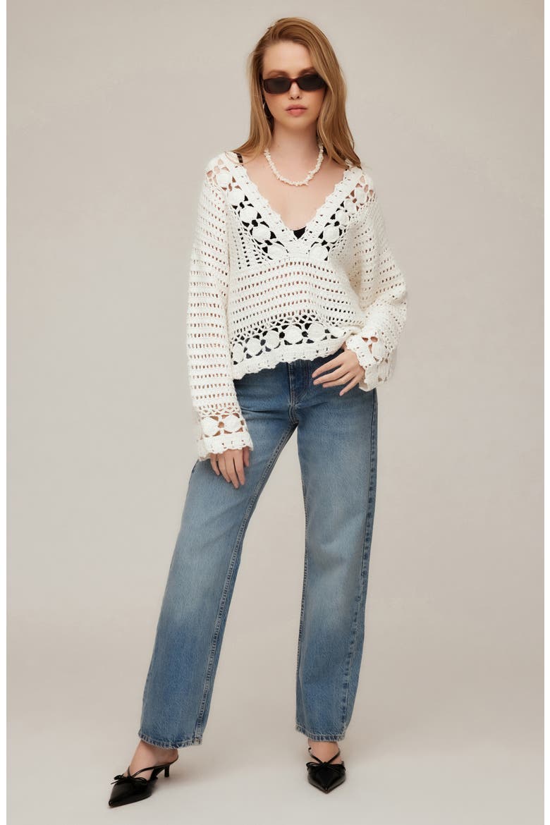 Nila Hand Crochet V-Neck Sweater, Alternate, color, CREAM