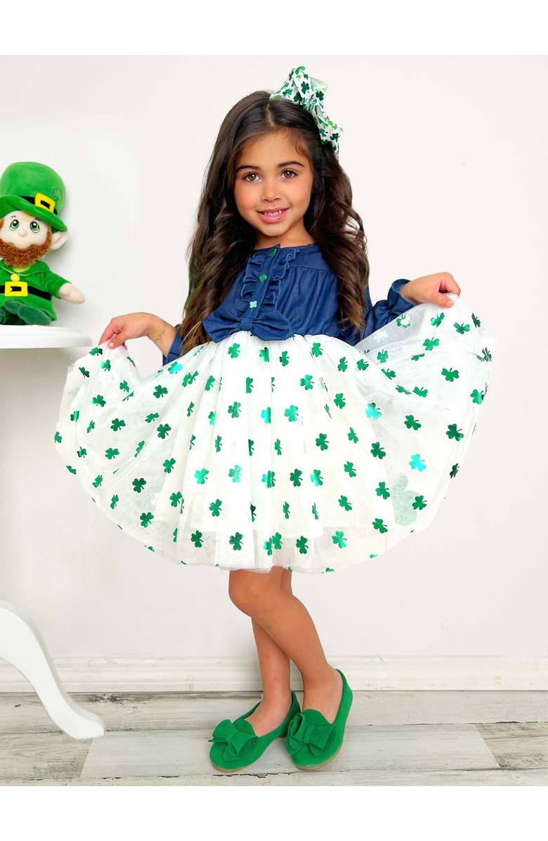Mia Belle Girls Lucky Chambray Shimmer Clover Dress, Alternate, color, White