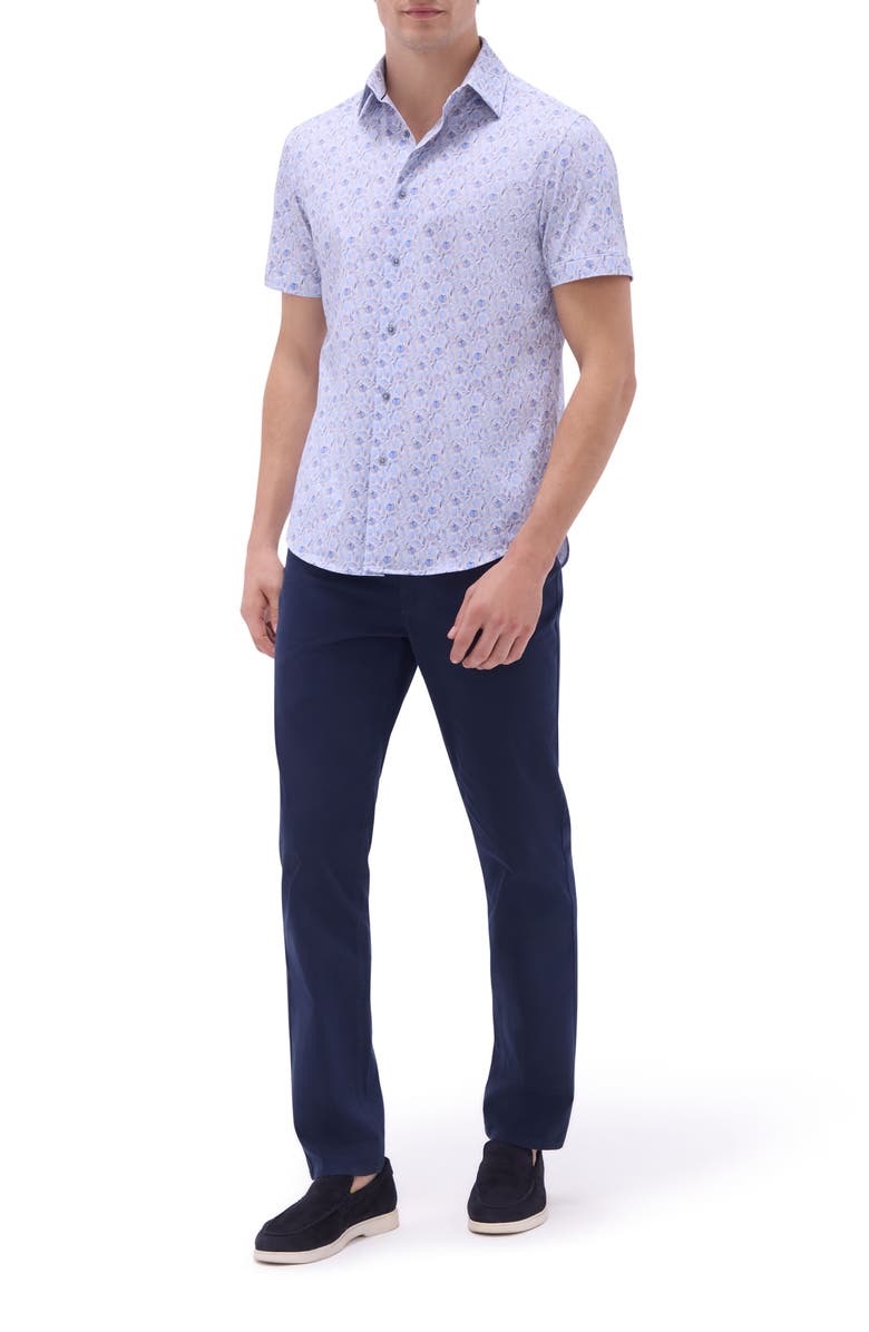 Bugatchi Miles OoohCotton<sup>®</sup> Leaf Print Short Sleeve Button-Up Shirt, Alternate, color, Air Blue