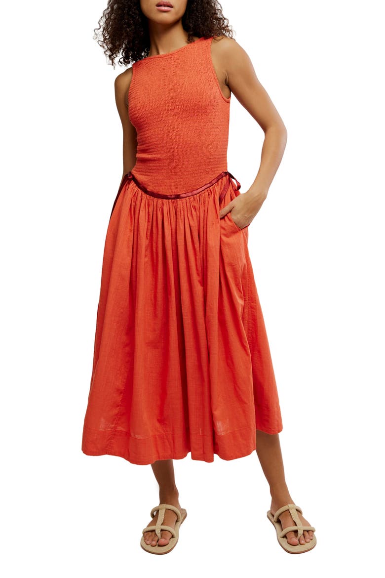 Nightingale Smocked Bodice Midi Sundress, Main, color, ROSE SIENNA COMBO
