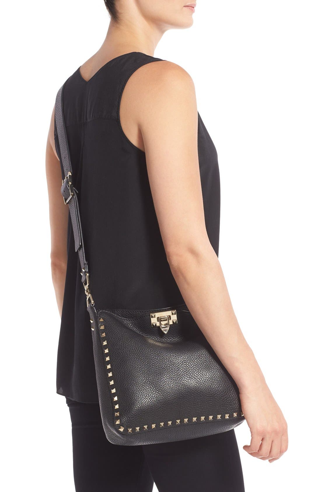 Valentino Garavani Rockstud Leather Hobo, Alternate, color, 