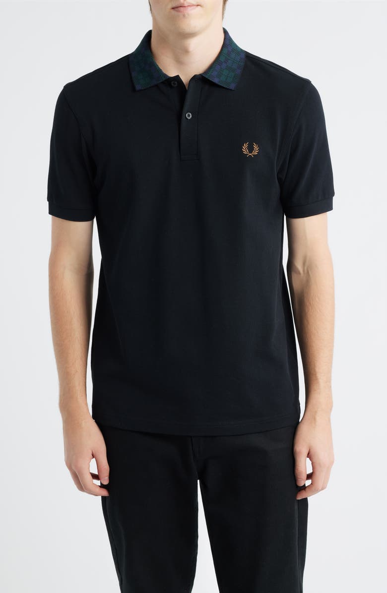 Fred Perry Blackwatch Tartan Collar Cotton Piqué Polo, Main, color, Black
