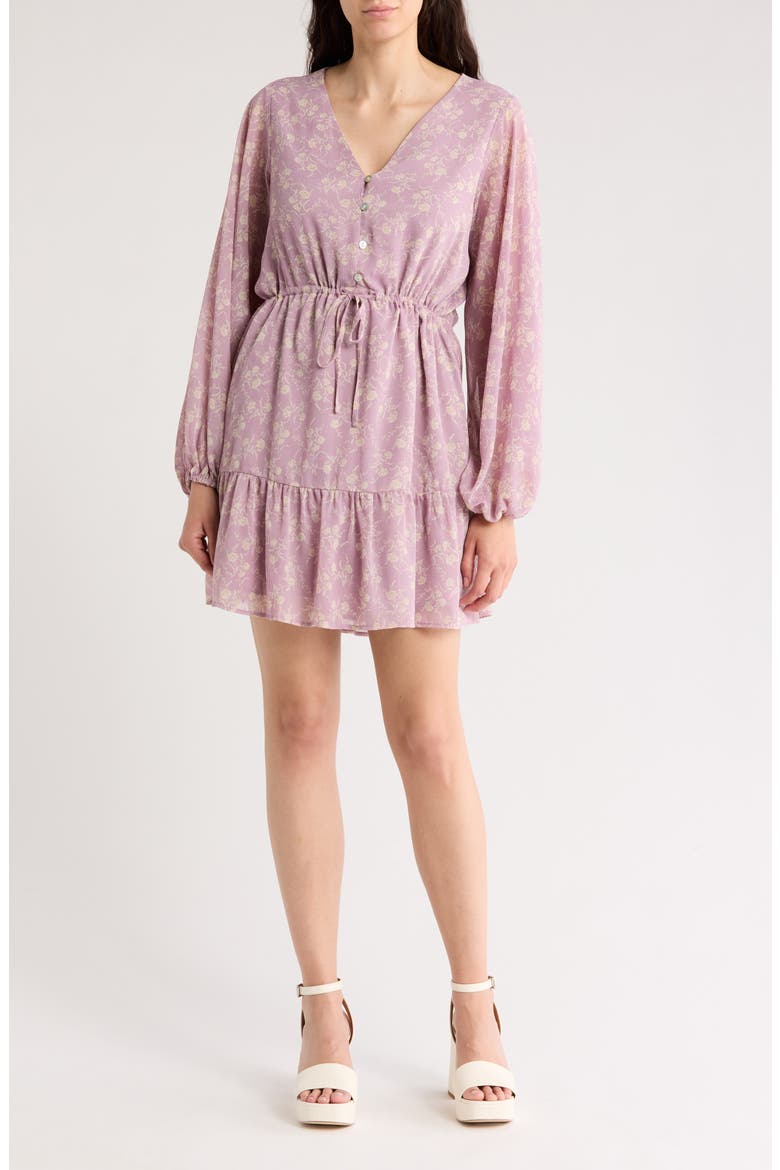 Floral Button Front Long Sleeve Tiered Minidress, Main, color, LAVENDER PRINT