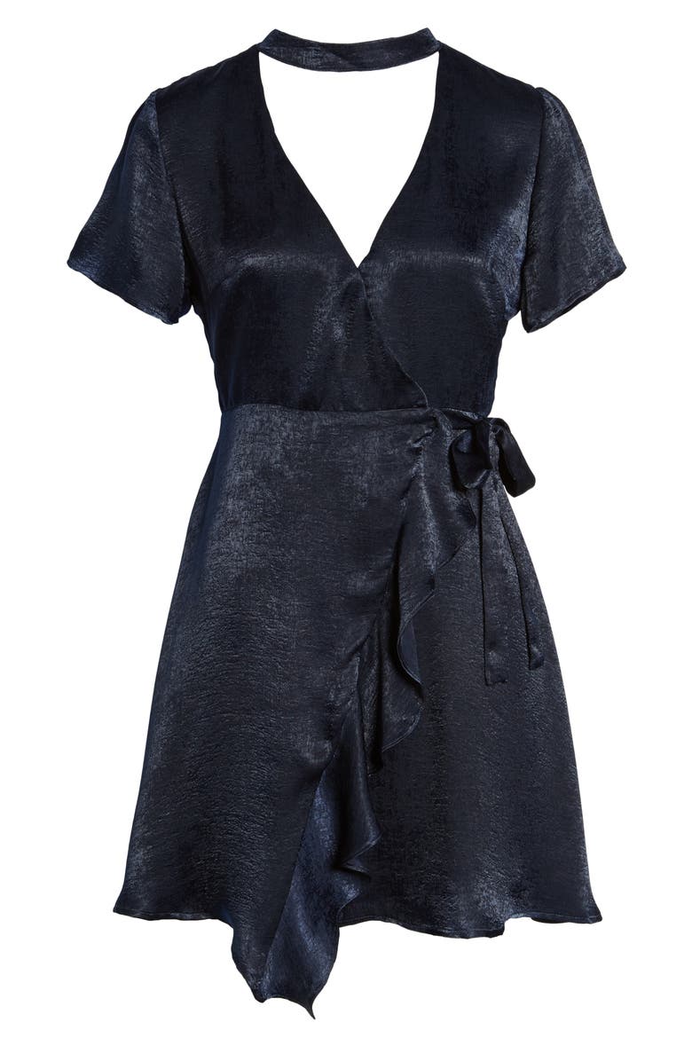 Satin Choker Wrap Dress, Alternate, color, DARK INDIGO