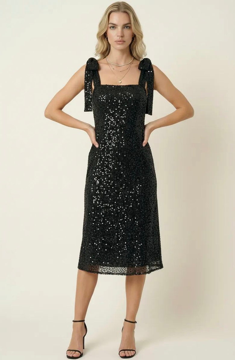 Modenaire Sequin Midi Dress with Tie Straps and Square Neckline, Alternate, color, Black Sequin