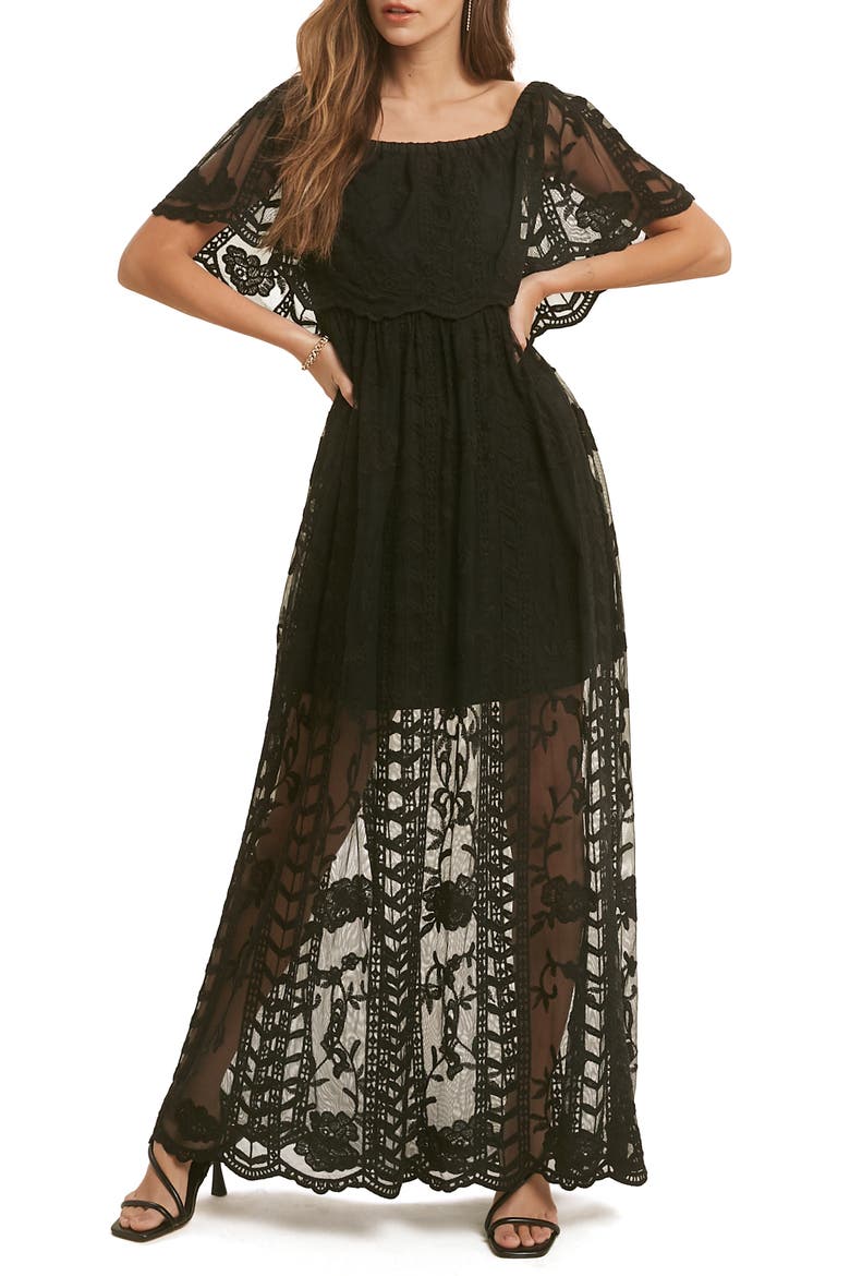 Lace Overlay Off the Shoulder Maxi Dress, Main, color, BLACK