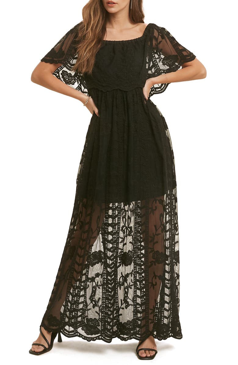 WISHLIST Lace Overlay Off the Shoulder Maxi Dress, Main, color,