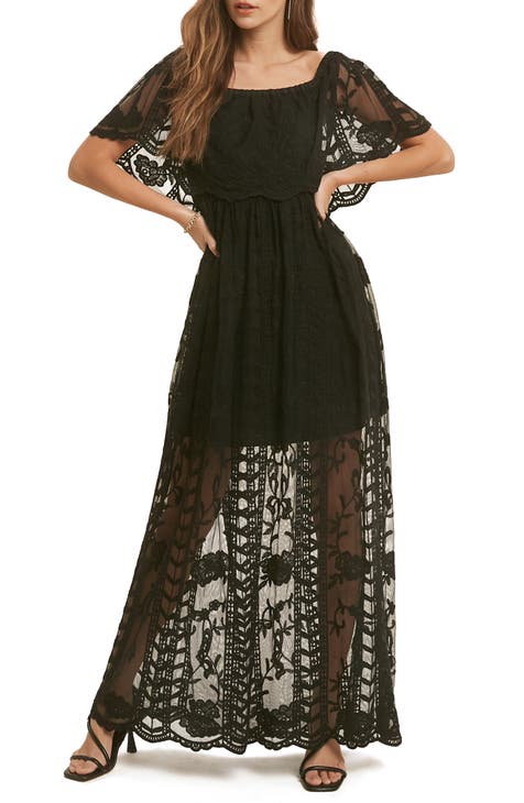 Lace Overlay Off the Shoulder Maxi Dress