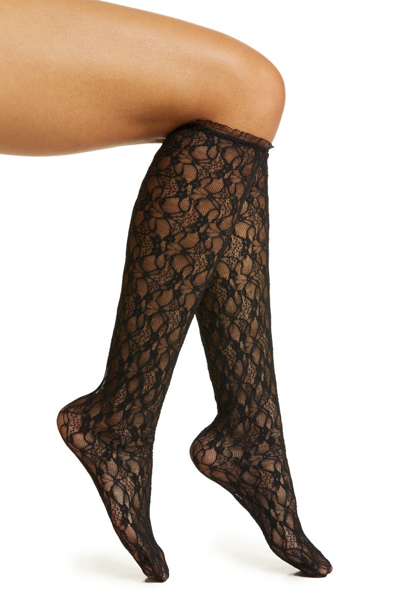 HIGH HEEL JUNGLE Lace Knee High Socks, Main, color, Black