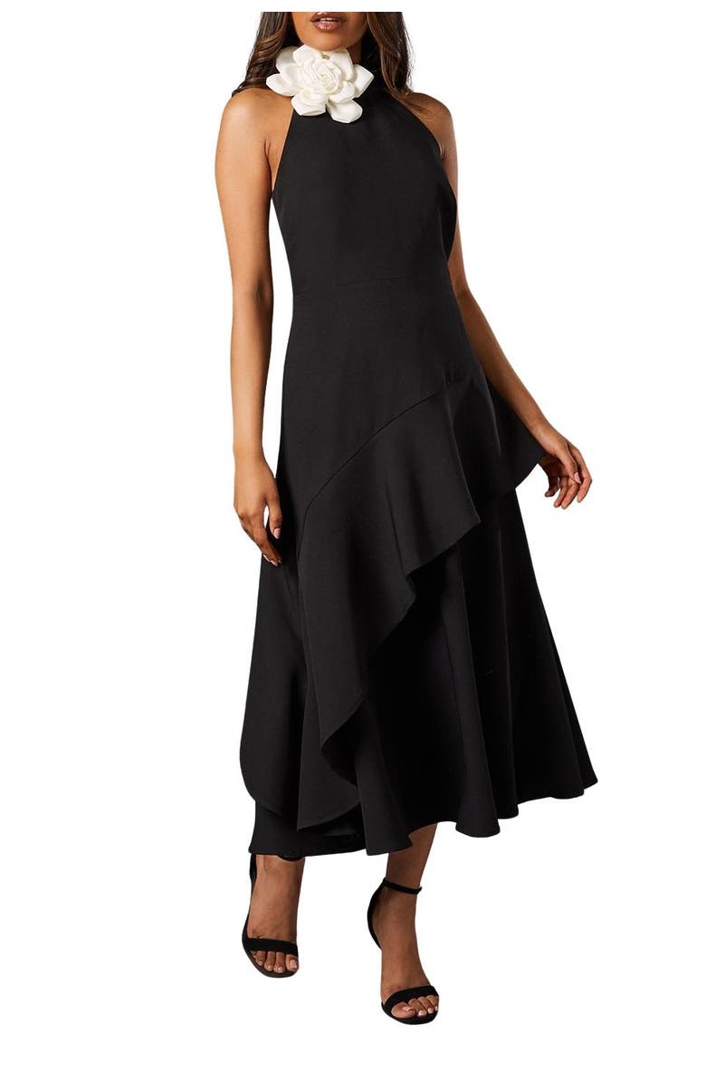 Coast Petite High Neck Corsage Midi Dress, Alternate, color, Mono