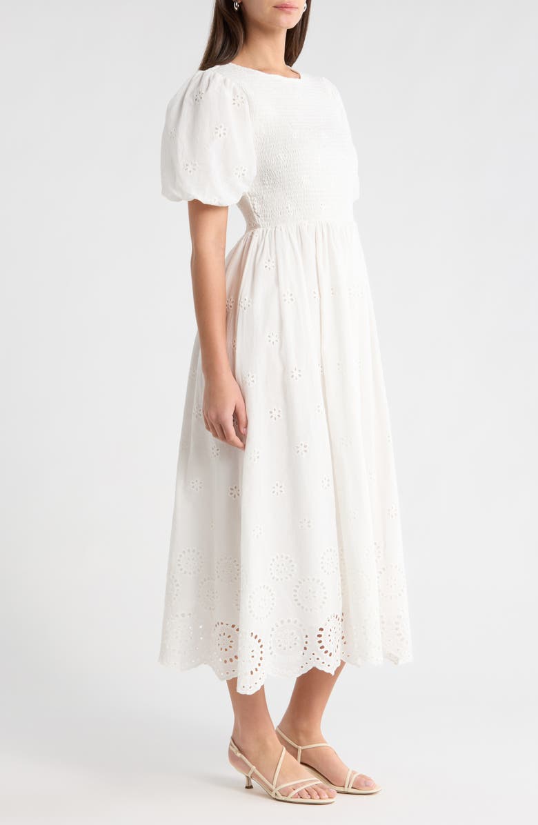 SUGARLIPS Deana Eyelet Smocked Midi Dress, Alternate, color, White