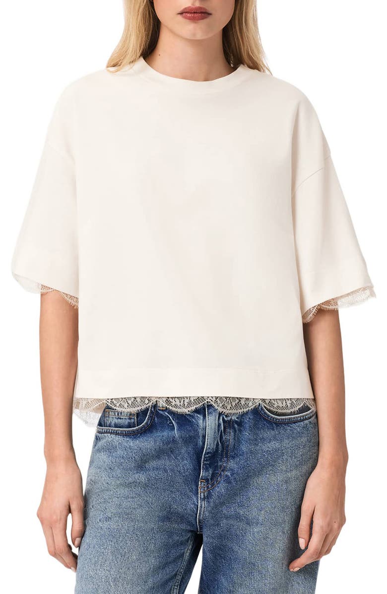 AllSaints Nia Lace Trim T-Shirt, Main, color, Arctic White
