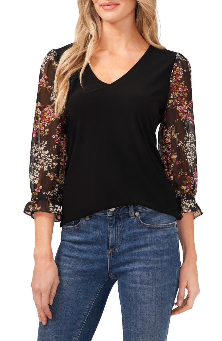 CeCe Floral Sleeve Mixed Media Top, Main, color, 