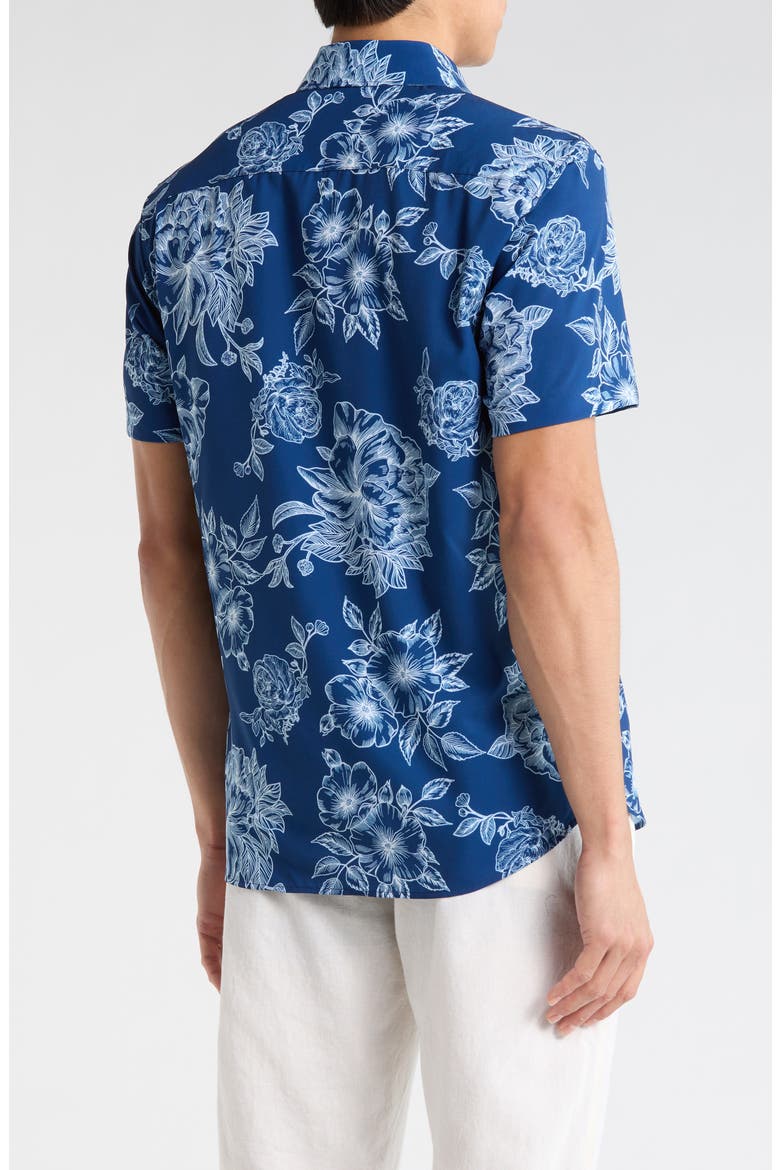 Slim Fit Floral Short Sleeve Stretch Button-Down Shirt, Alternate, color, NAVY
