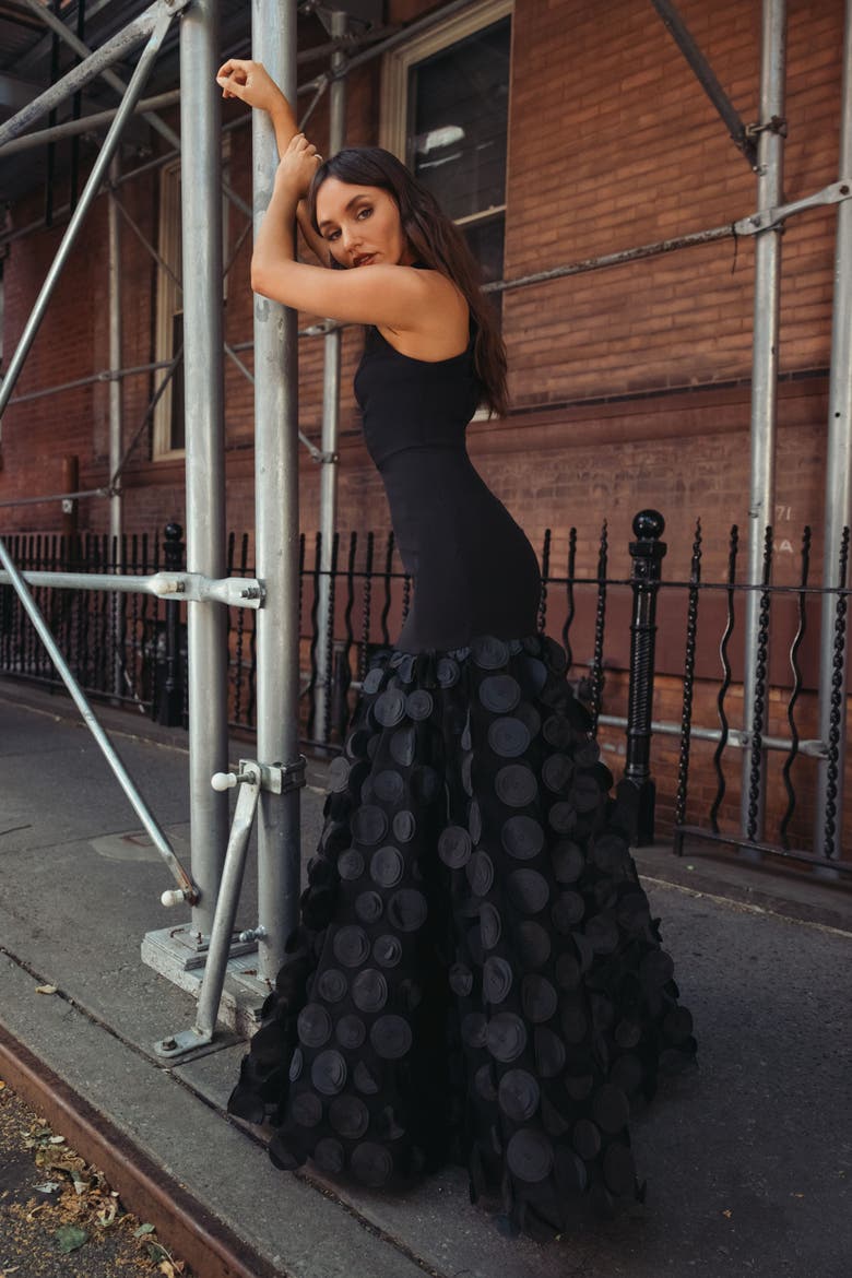 Women's Halter Neck Rosette Ball Gown, Alternate, color, Black