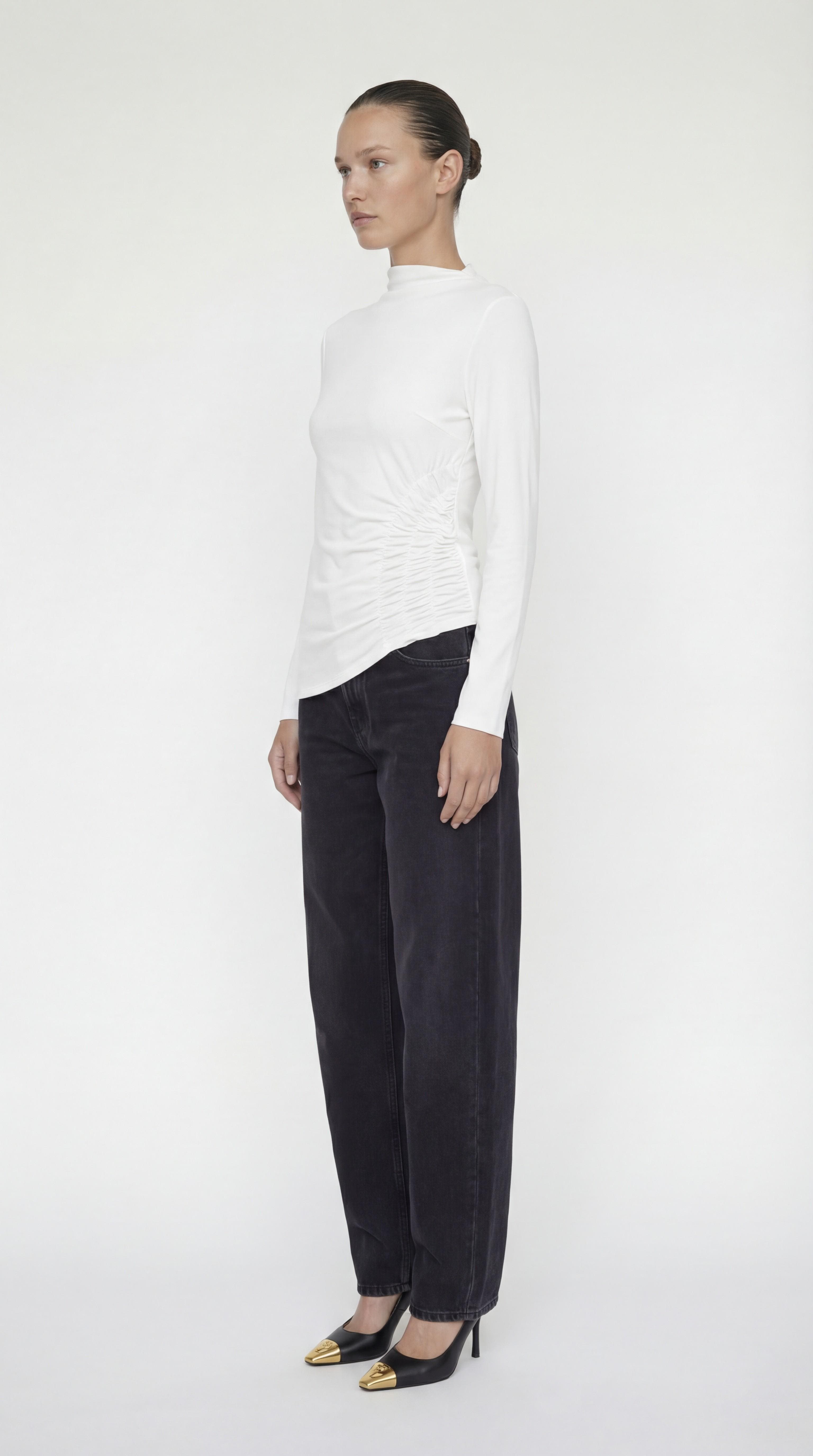 Toni Asymmetrical Ruched Mock Neck Top - image 2