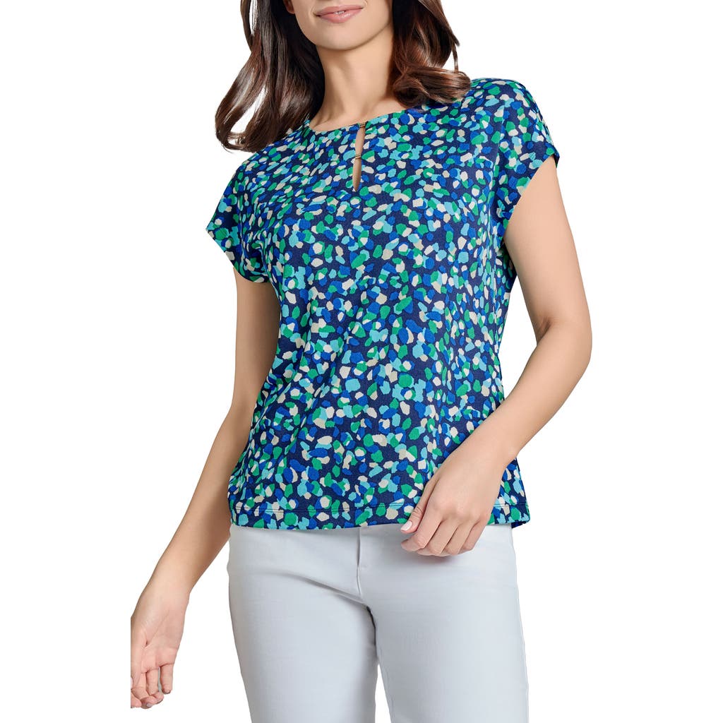 Jones New York Dot Print Keyhole Crepe Top In Pacific Navy Multi
