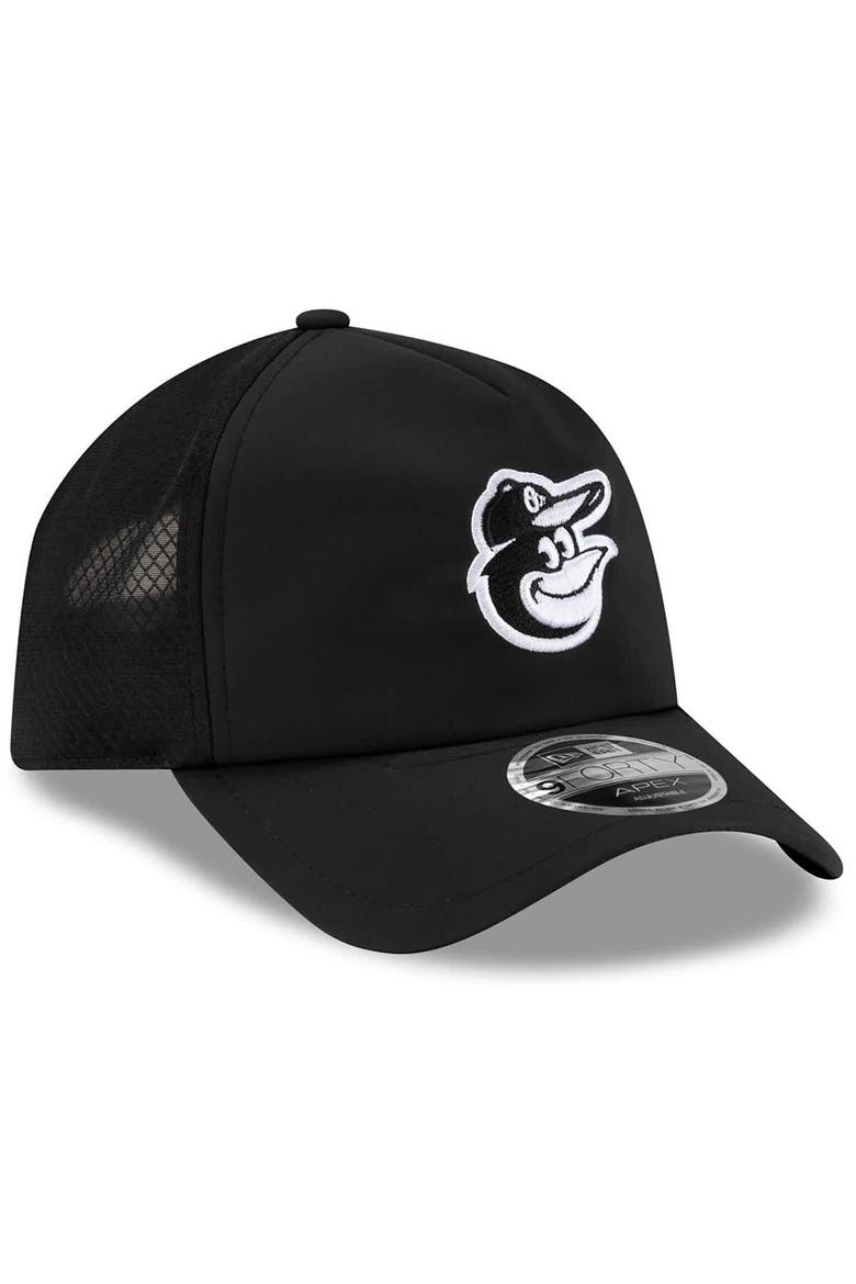 Men's New Era Black Baltimore Orioles 2026 Batting Practice Apex 9FORTY Adjustable Trucker Hat, Alternate, color, Black