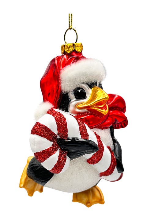 Candy Cane Penguin Glass Ornament