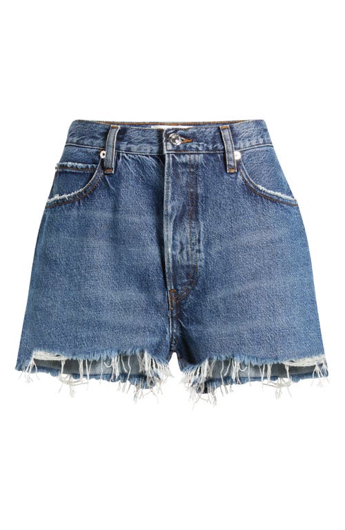 Frame The Dare Frayed High Waist Denim Shorts In Blue