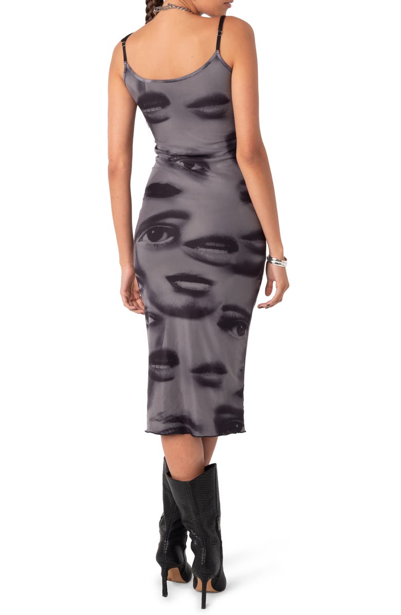 EDIKTED Eyes On You Print Mesh Midi Dress, Alternate, color, Grey