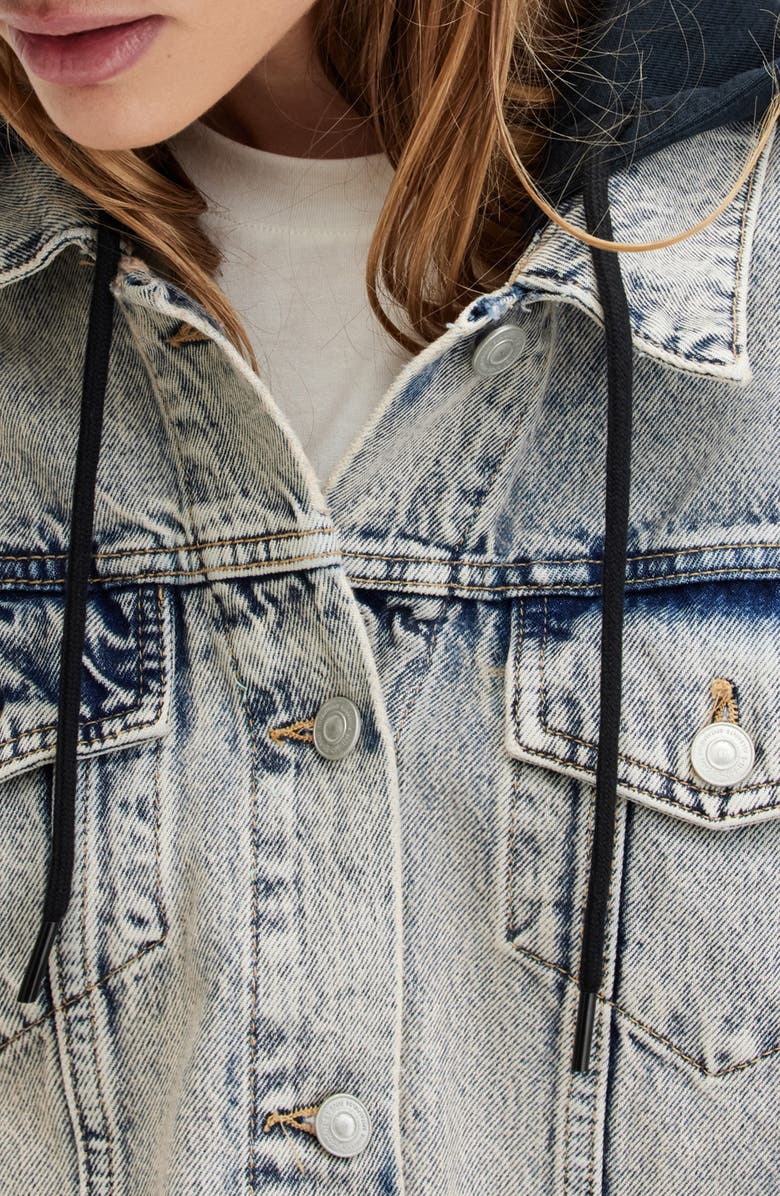 AllSaints Milena Mixed Media Hooded Denim Jacket, Alternate, color, Indigo Blue