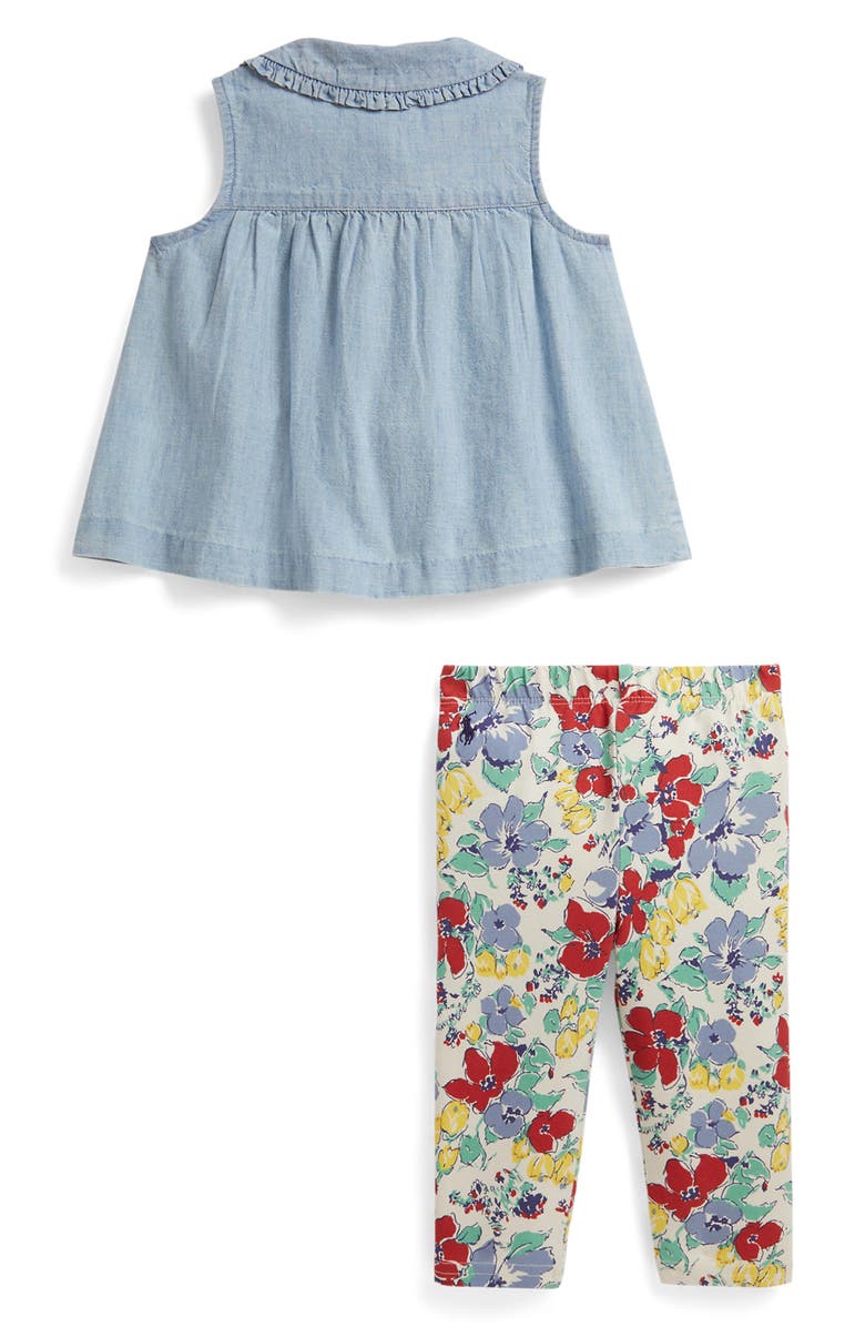 Ralph Lauren Embroidered Ruffle Chambray Top & Floral Jersey Leggings Set, Alternate, color, New Medium Wash