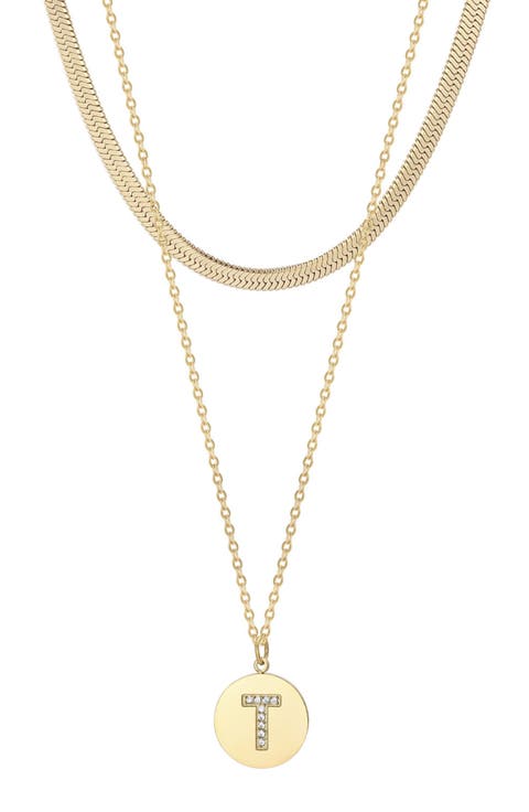 Set of 2 Initial Pendant & Herringbone Necklaces
