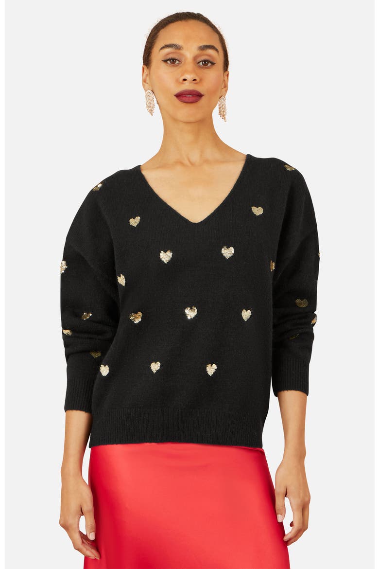 Sequin Heart V-Neck Jumper, Main, color, Black