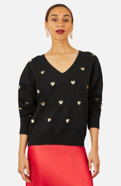 Sequin Heart V-Neck Jumper