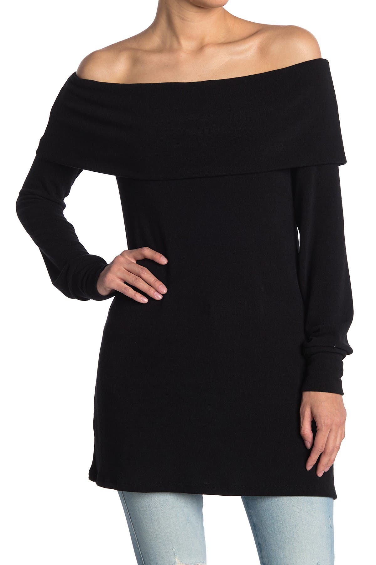 GO COUTURE Foldover Off the Shoulder Tunic Sweater