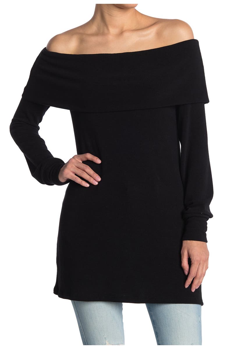 GO COUTURE Foldover Off the Shoulder Tunic Sweater, Main, color, Black