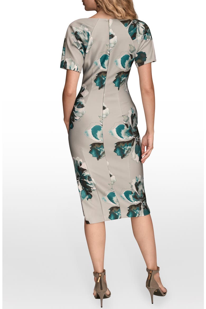 Floral Pleated Scuba Sheath Midi Dress, Alternate, color, WEATHERD S