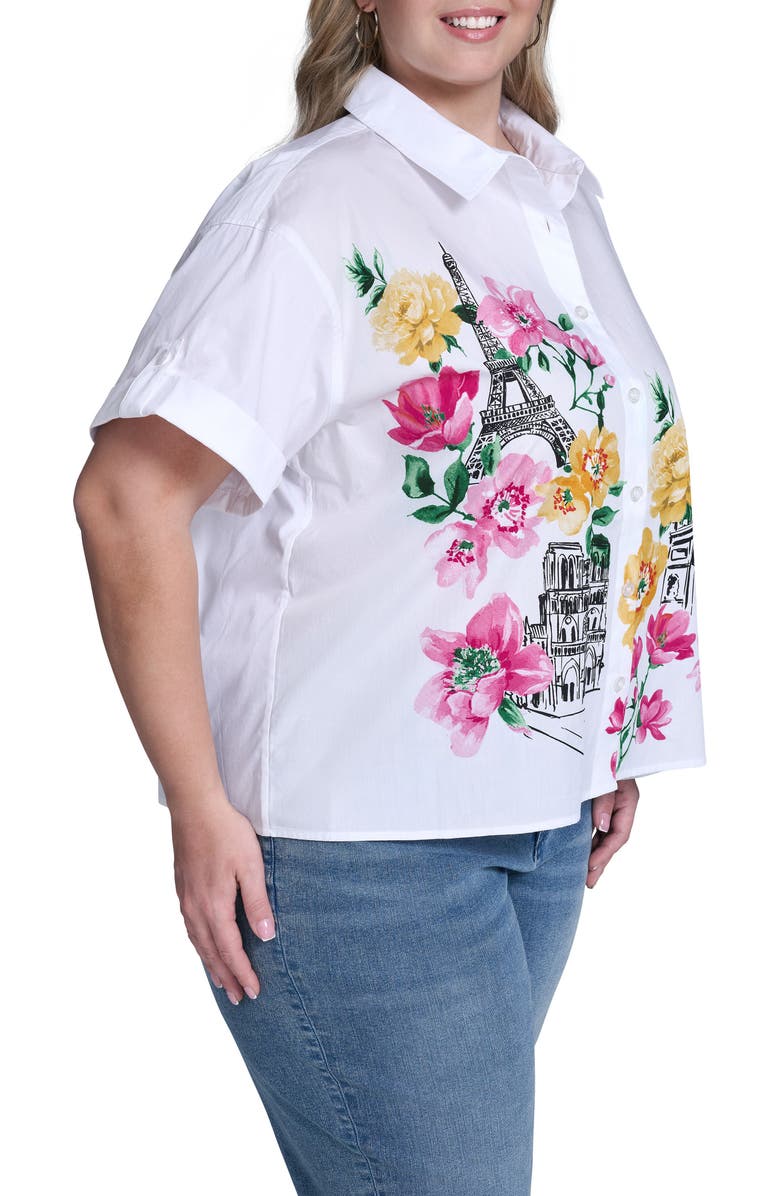 KARL LAGERFELD PARIS Floral Placement Cotton Poplin Button-Up Shirt, Alternate, color, White