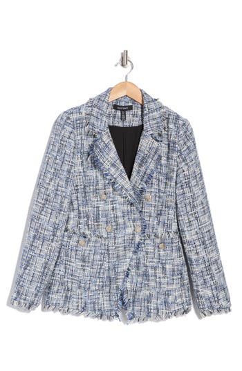 Ellen Tracy Houndstooth Double Breasted Tweed Blazer In Blue Boucle