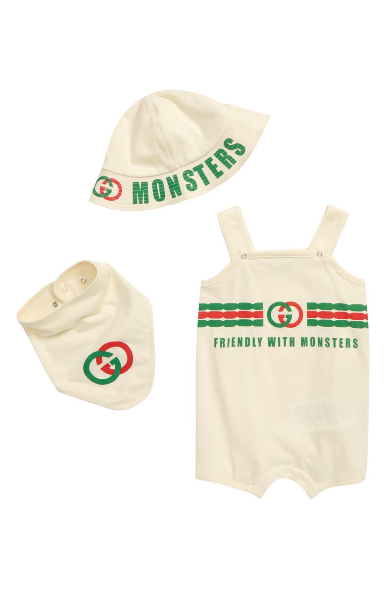 Gucci Friendly with Monsters Logo Cotton Romper, Hat & Bib Set, Main, color,