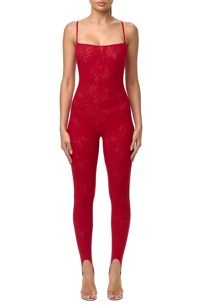 Lace Stretch Lace Stirrup Jumpsuit, Main, color, RUBY RED