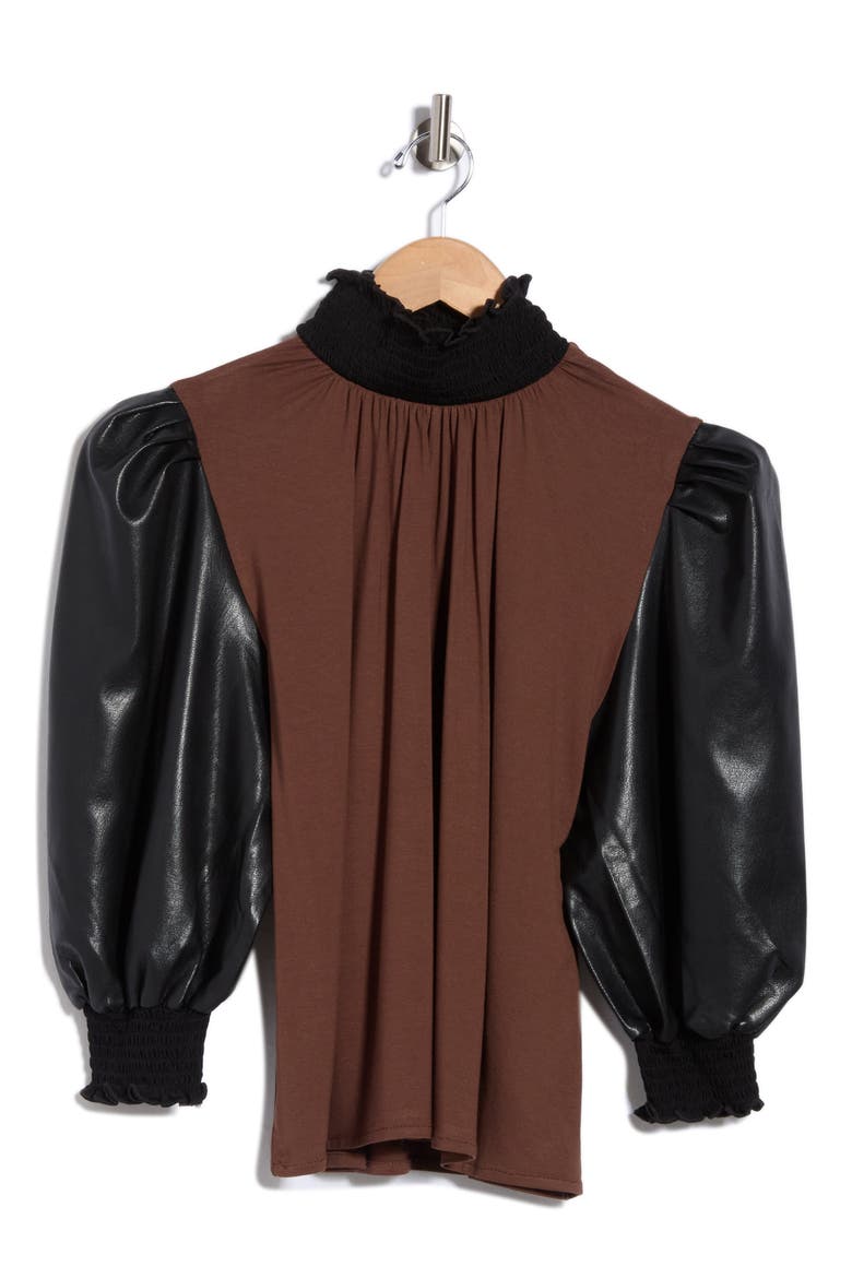 Faux Leather Sleeve Top, Alternate, color, BROWN