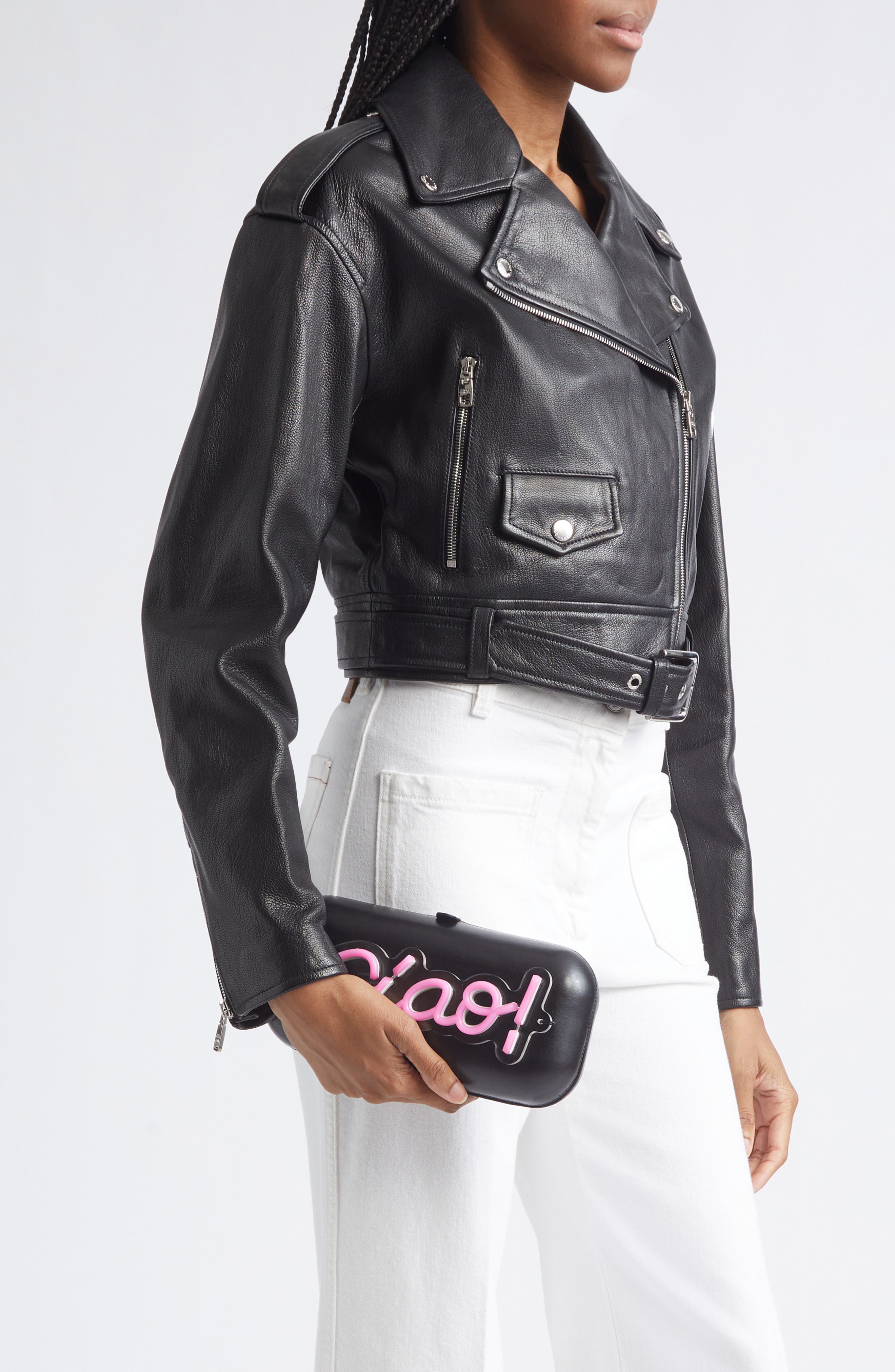 Moschino Light-Up Neon Ciao! Faux Leather Clutch, Alternate, color, 00Z One Color