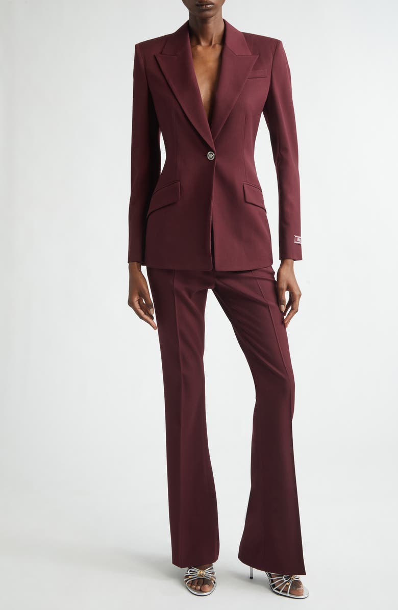 Versace Single Breasted Stretch Virgin Wool Gabardine Blazer, Alternate, color, Burgundy