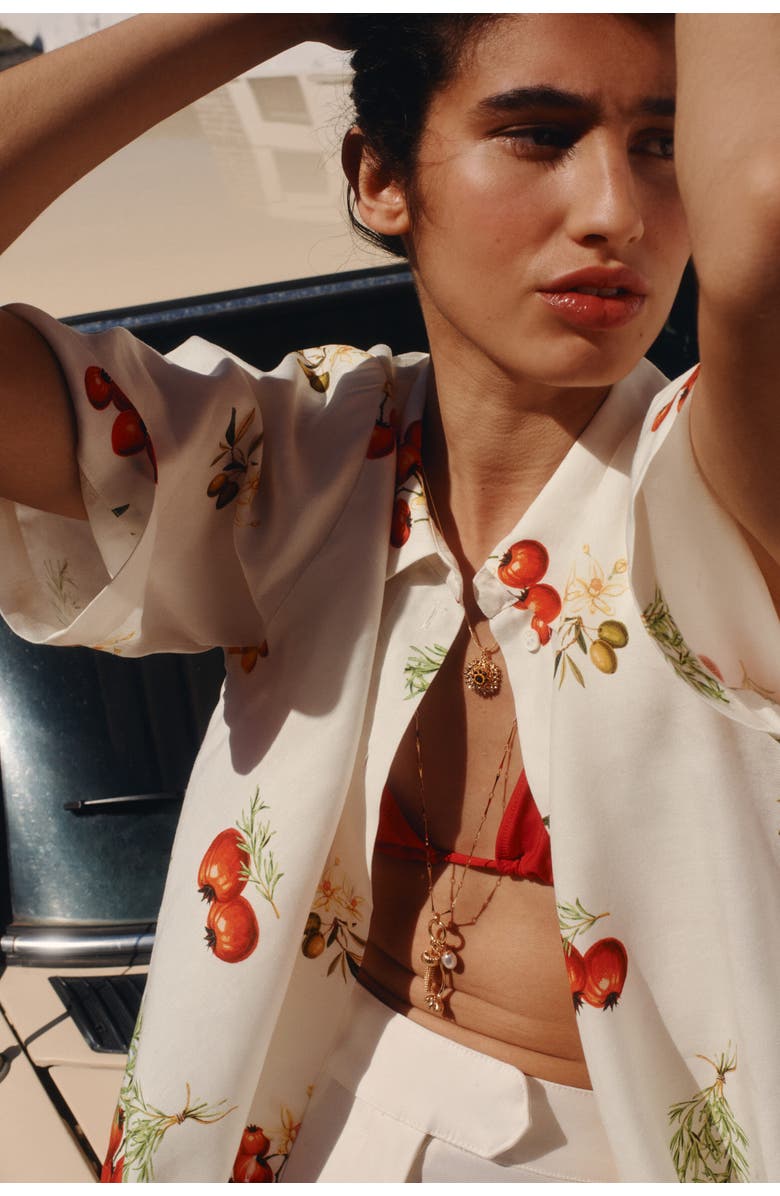 H&M Oversized Linen-blend Shirt, Alternate, color, Cream/Tomatoes