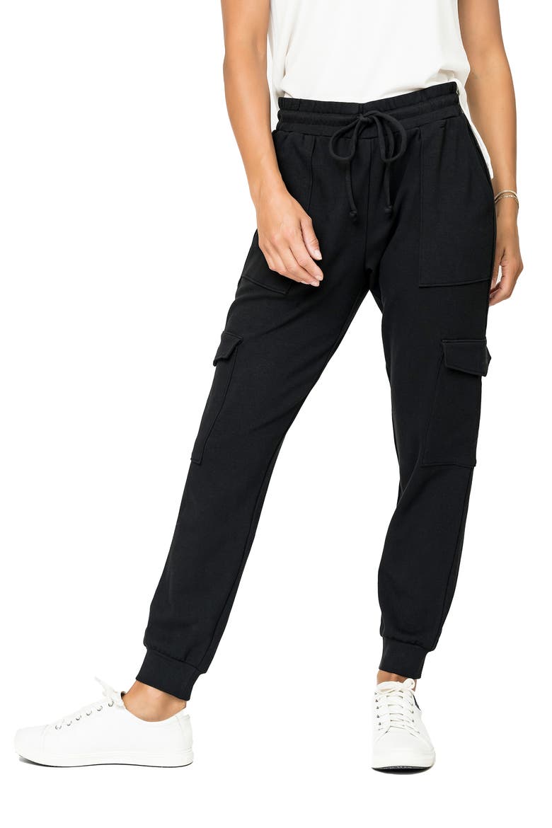 Gigi Essential Soft Stretch Cotton Ponte Cargo Joggers, Main, color, BLACK
