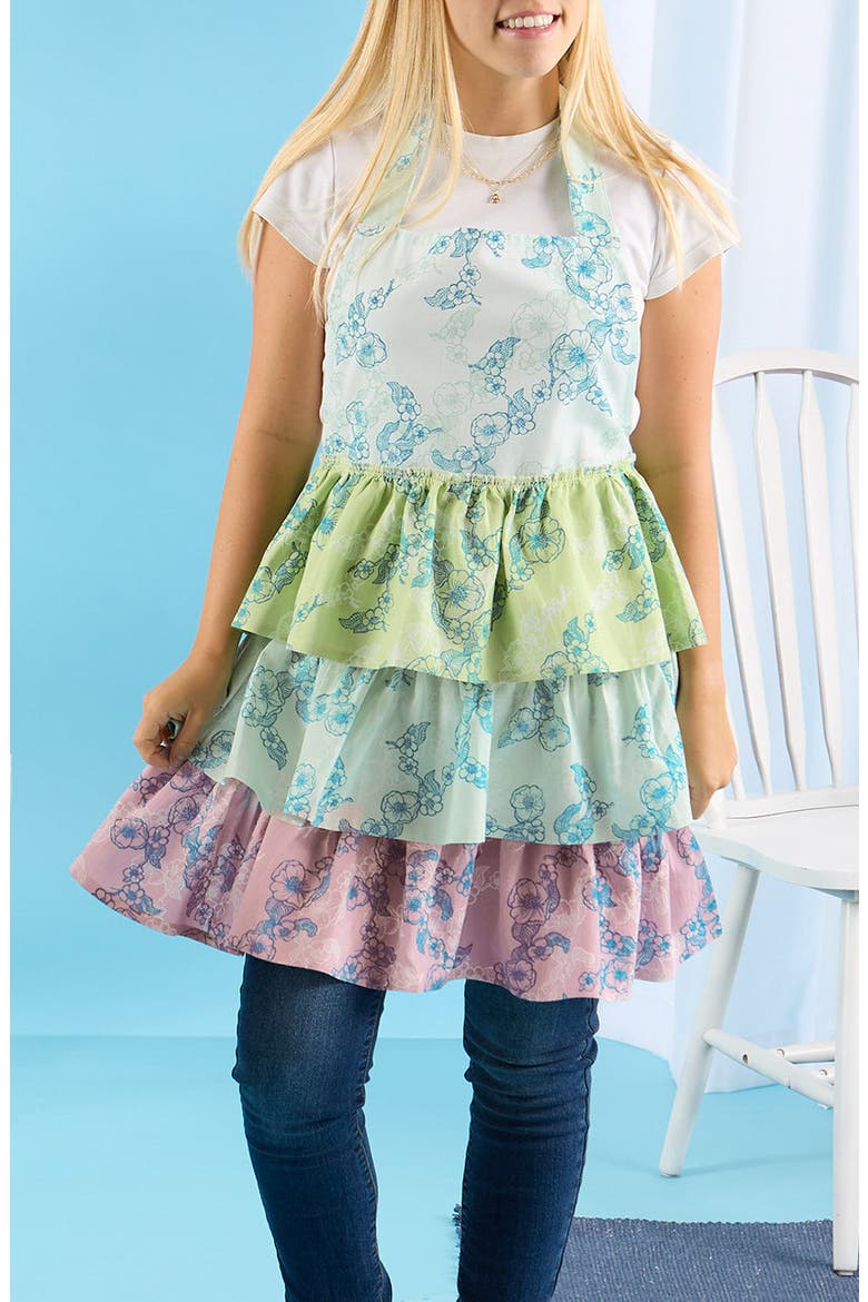 Sweet Floral Ruffle Cotton Apron, Alternate, color, BLUE
