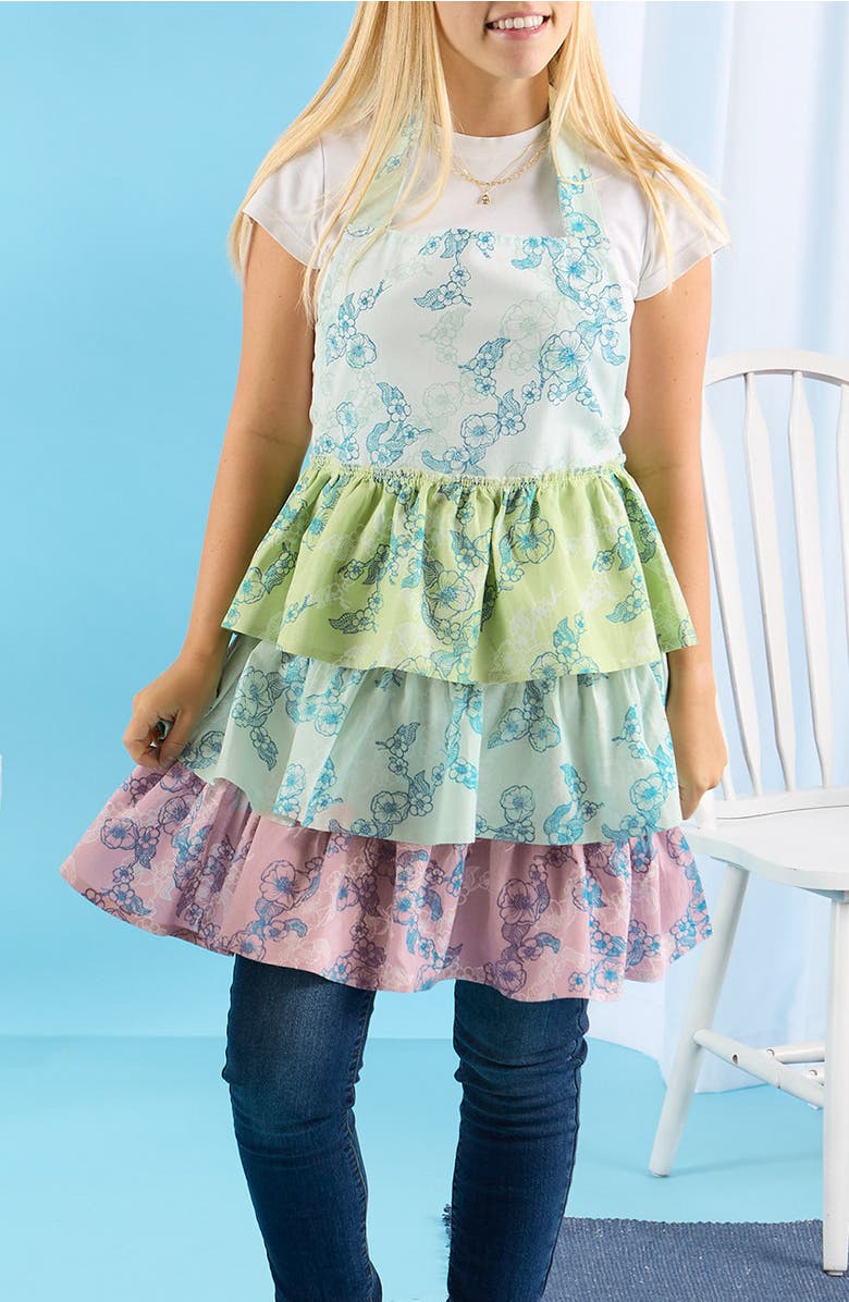 Design Imports Sweet Floral Ruffle Cotton Apron, Alternate, color, Blue