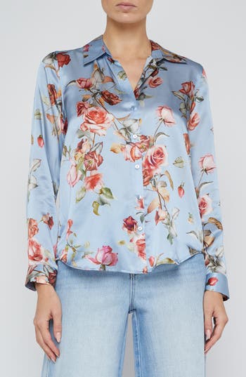 L'agence Tyler Floral Print Silk Button-up Shirt In Blue