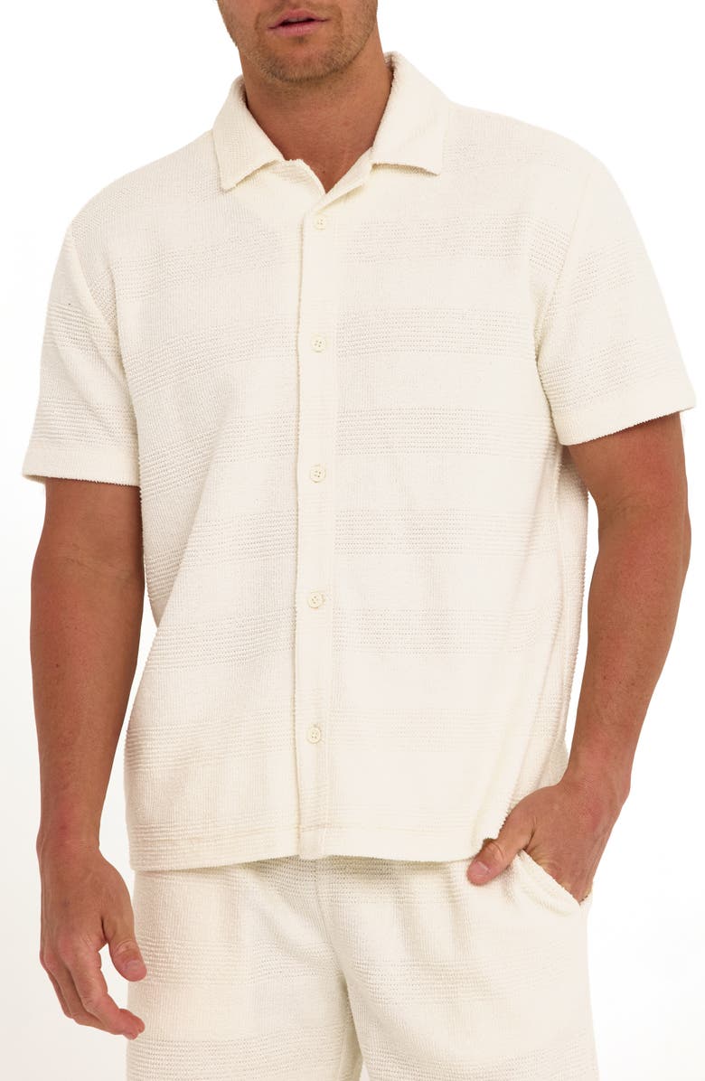 Threads 4 Thought Archer Stripe Jacquard Short Sleeve Terry Cloth Button-Up Shirt, Main, color, White