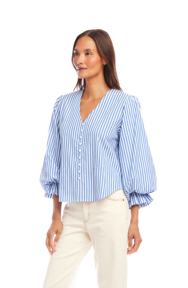 Karen Kane Stripe Ruffle Cuff Cotton Button-Up Top, Alternate, color, Blue Multi