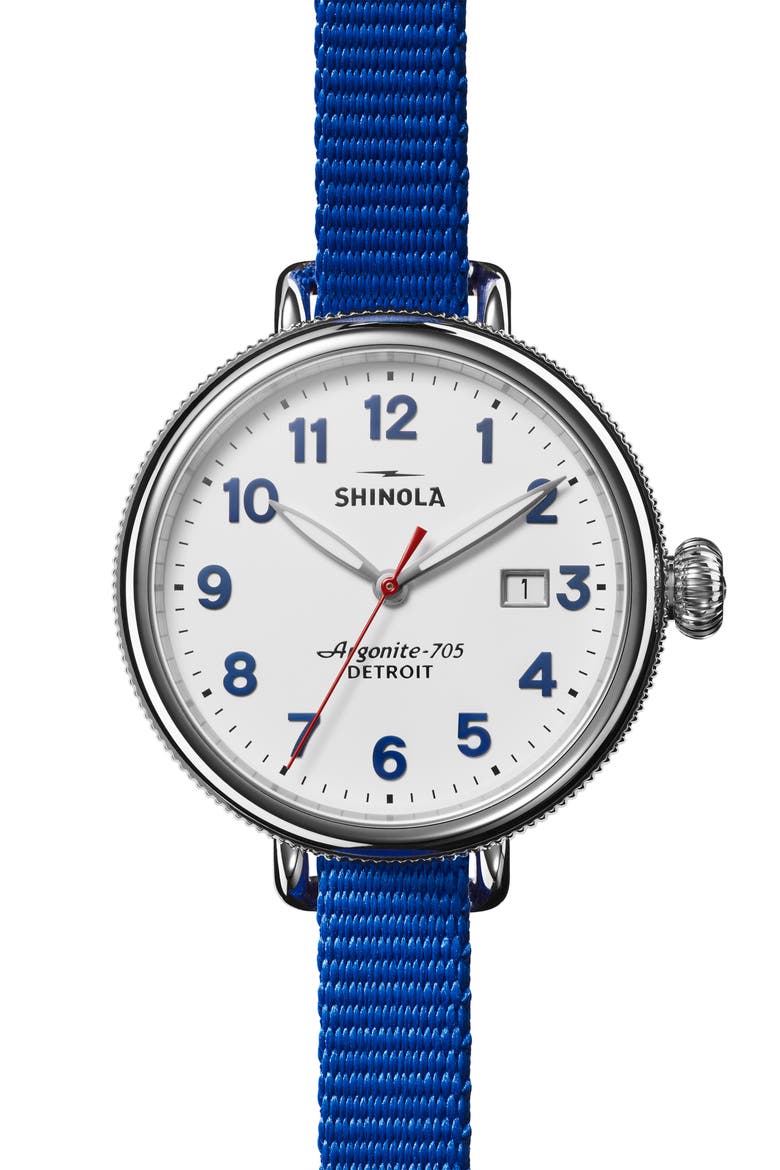 Birdy Blue/White/Red Grosgrain Stripe Strap Watch, 38mm, Alternate, color, WHITE/ BLUE
